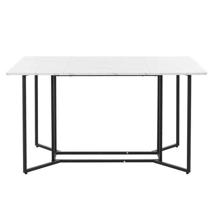 table de salle à manger rectangulaire 140x80cm, structure unique en métal, plateau en marbre, pieds réglables, blanc/noir